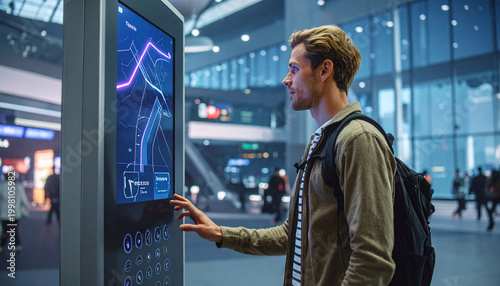 Young traveler using a hightech digital kiosk map in a modern airport. Represents smart city navigation and futuristic wayfinding technology for tech, tourism, and innovation marketing.