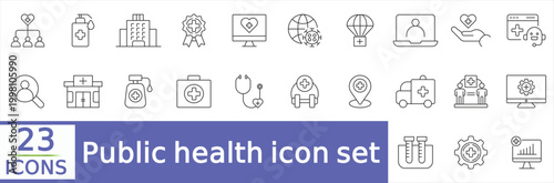  Public health icon set. Containing healthcare, doctor, hospital, medical services, vaccine, hygiene, healthy lifestyle, health awareness and more.