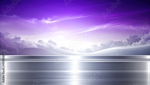 Abstract Futuristic Landscape with Purple Sky and Metallic Surface.