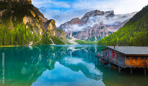 Foto Pragser Wildsee, or Lake Prags, is a natural lake in the Prags Dolomites in Braies, South Tyrol, Italy