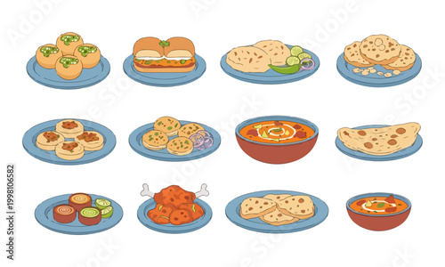 Indian Street Food Collection Illustration Set with Curry and Naan