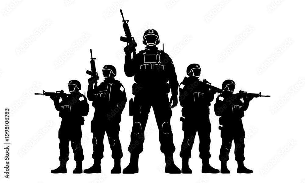 Obraz premium Military Squad Silhouette with Assault Rifles Isolated on White