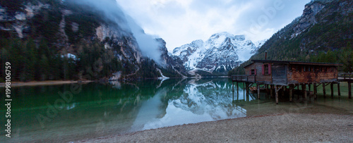 Obraz na plátně Pragser Wildsee, or Lake Prags, is a natural lake in the Prags Dolomites in Braies, South Tyrol, Italy