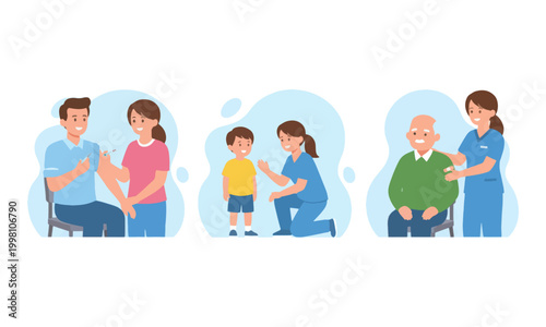 Vaccination set of people receiving medical injections from nurses