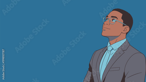 Professional Black Man in Suit Looking Upwards with Glasses