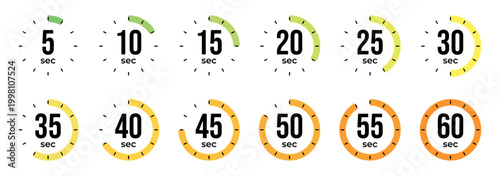Timer icons set showing five to sixty second intervals
