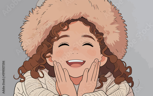 Cheerful curly haired girl in winter outfit smiling happily