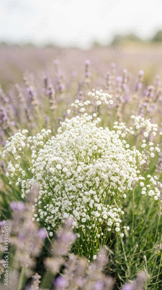 Obraz premium White wildflowers, lavender field, purple flowers, green grass, floral landscape