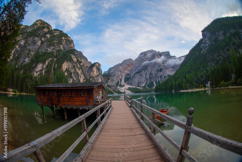 Bild auf Leinwand Pragser Wildsee, or Lake Prags, is a natural lake in the Prags Dolomites in Braies, South Tyrol, Italy