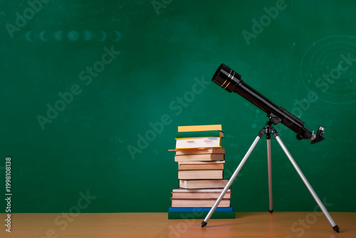 Cuadro en lienzo Astronomy classroom scene with telescope and books on table against green chalkboard