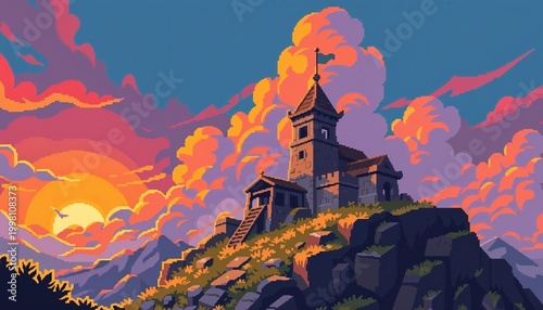 Pixel art landscape with a sunset, vibrant colors, and a castle on a rocky hill