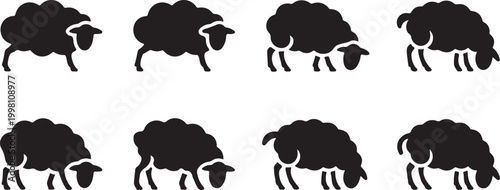 Eight cute cartoon sheep silhouettes standing in different poses isolated design