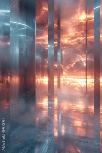 Futuristic Reflective Interior with Sunset Light and Metallic Columns