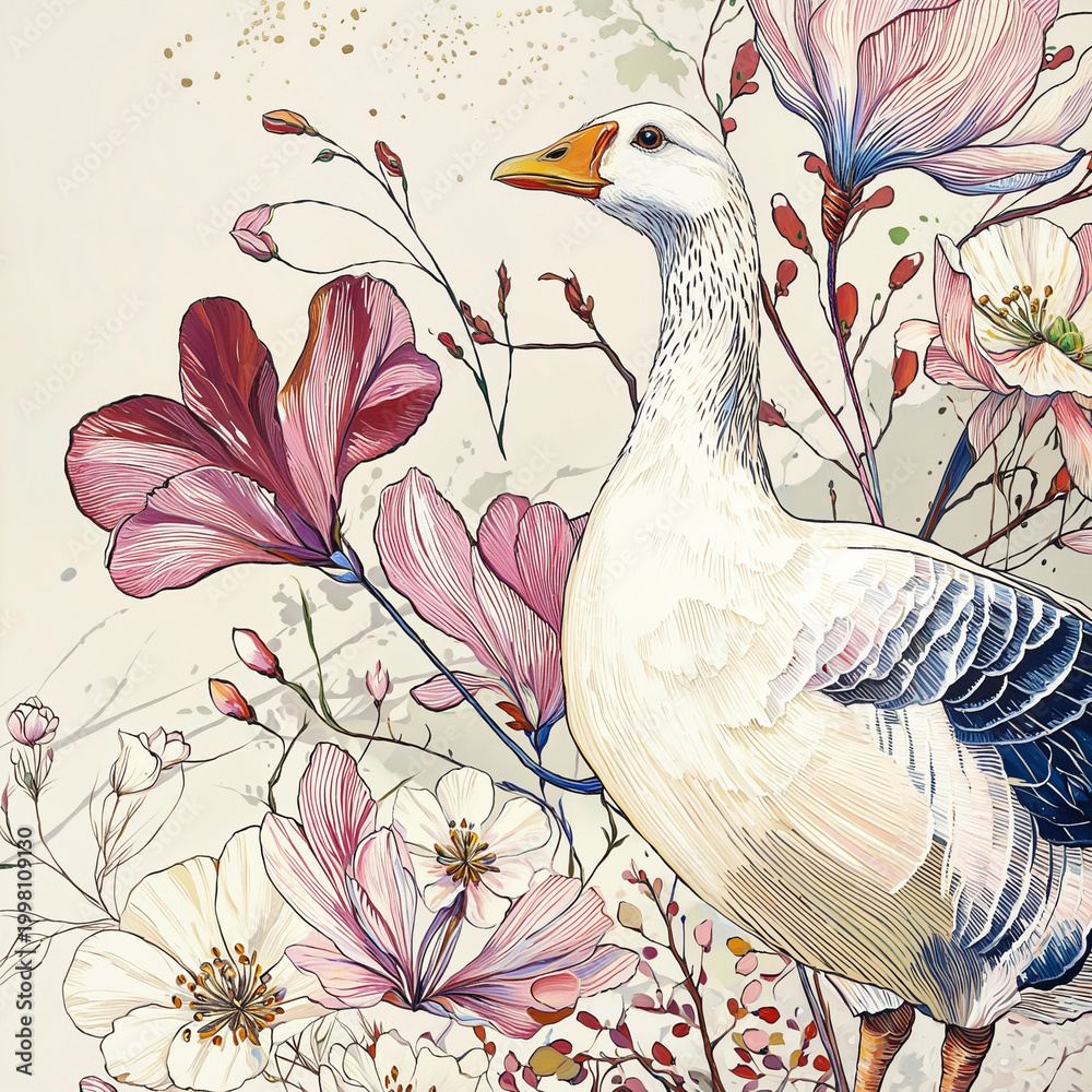 Naklejka premium Goose & Magnolia Floral Embroidery Art