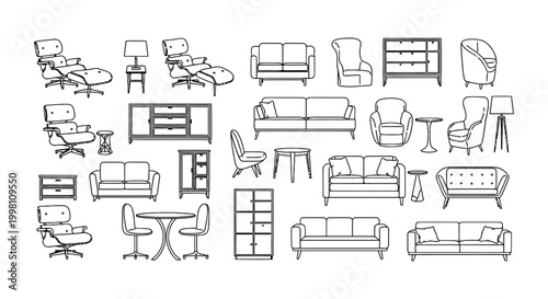 furniture icons for interior design and architectural floor plans outlining various home decor elements in a minimalist vector style.