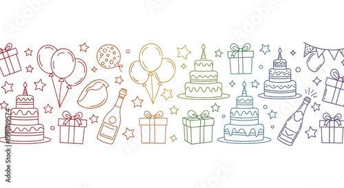 seamless celebration pattern with rainbow-colored line art birthday cakes balloons and gifts perfect for festive events.