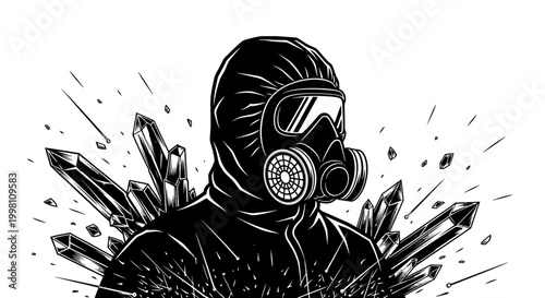person in hazmat suit and gas mask standing amidst breaking crystals illustrating concepts of danger chemical research and protection
