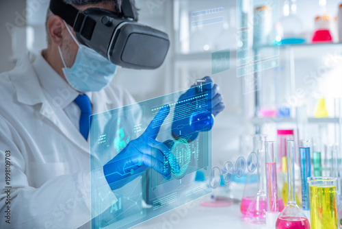 Pharmaceutical scientist wearing VR headset with holographic data interface in a laboratory. Concept of AI-driven drug development, virtual analysis, pharmaceutical research, future medical technology