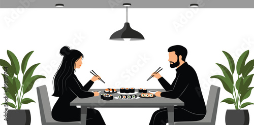 Elegant Vector Illustration of a Romantic Couple Enjoying a Sushi Dinner Date in a Modern Restaurant Setting with Japanese Cuisine and Stylish Interior Decor