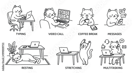 Cats Working on Laptops in Office Situations Line Art Set, Minimal Clean Outline Vector Workplace Cat Illustration Collection
