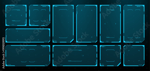 Set of blue futuristic HUD frames and monitor windows. Digital interface design elements for screen display. Virtual technology UI elements for game development, software and data panel.