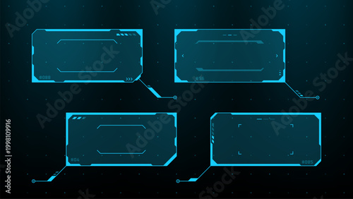 Set of blue glowing hud vector graphics frames. Futuristic user interface elements with digital data borders and callout boxes. Science fiction technology design for information display.