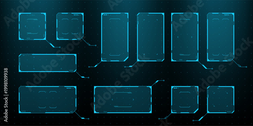 Set of blue HUD frames and data interface elements. Futuristic digital UI display boxes for software development. Cybernetic graphic design components for screen projection technology.