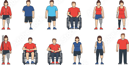 Inclusive Character Set Featuring Diverse People with Physical Disabilities Using Wheelchairs, Prosthetic Limbs, and Amputations for Healthcare, Social Equality, and Medical Education Designs