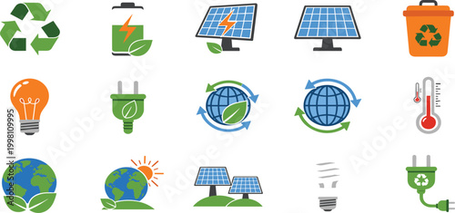 Modern Flat Ecology Icon Set Featuring Solar Panels, Green Energy Storage, Global Recycling, Sustainable Power Grids, and Environmental Conservation 