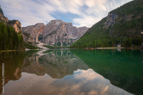 Obraz na plátně Pragser Wildsee, or Lake Prags, is a natural lake in the Prags Dolomites in Braies, South Tyrol, Italy