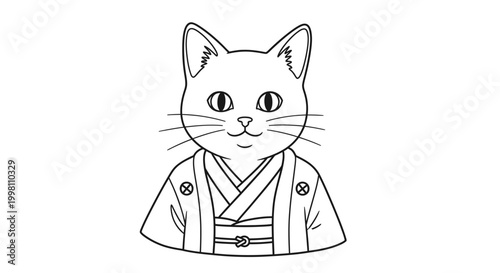 A black and white line drawing of a cat wearing a traditional Japanese kimono, presented as a bust.