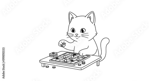 A cute cartoon cat playing a board game, possibly checkers or draughts, with concentration.