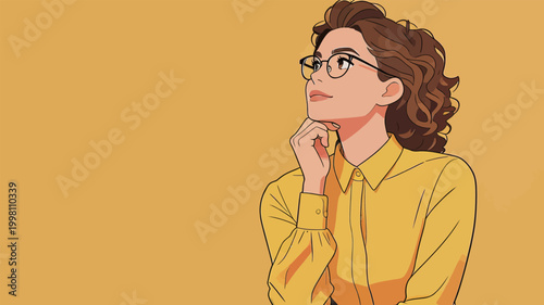 Thoughtful Young Woman in Yellow Shirt with Glasses