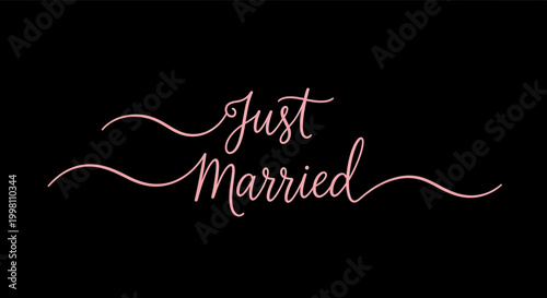 Elegant "Just Married" text in a flowing script font with a rose gold metallic sheen on a black background, symbolizing a newlywed couple's union.