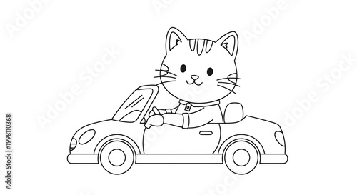 A cute cartoon cat wearing a shirt and tie is happily driving a convertible car.