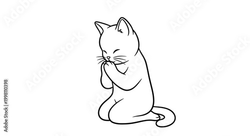 A cute, simple line drawing of a white kitten kneeling with its paws clasped together in front of its face, appearing to be praying or begging.