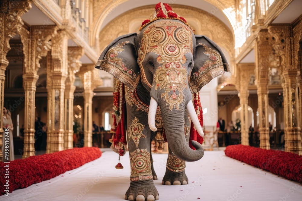 Fototapeta premium Decorated elephant proceeding along a red rose aisle in a lavish golden palace
