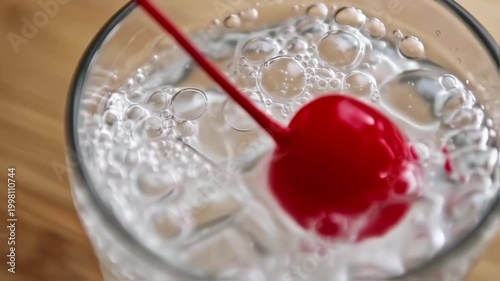 Close-up shot of refreshing beverage being prepared with a cherry garnish on top
