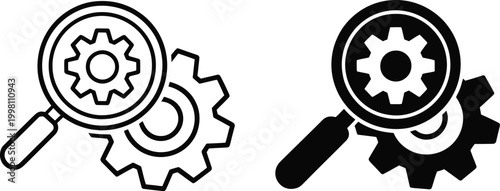 Magnifying Glass Inspecting Gear Icon, Analysis and Settings Review Concept, Mechanical Inspection and System Diagnostics Symbol, Modern Flat Vector Design for Technology and Maintenance