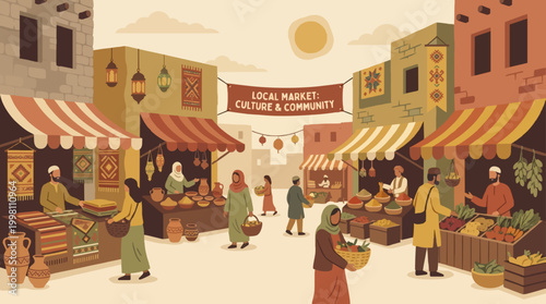 Cultural storytelling illustration representing local life and traditions with authentic details