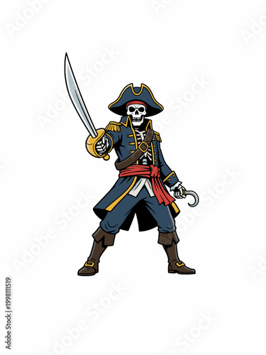 Schilderij op canvas Skeleton Pirate Captain Holding Cutlass on White Background