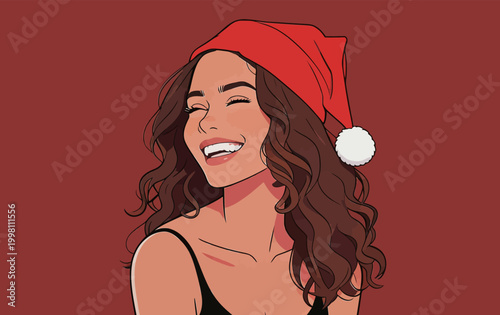 Cheerful woman wearing Christmas Santa hat laughing happily