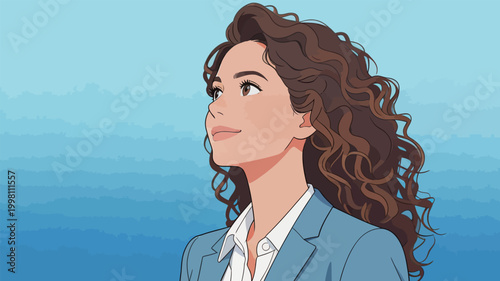 Confident Curly Haired Professional Woman Looking Upward