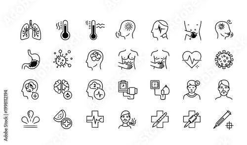 Health Conditions Icons Set Thin Line Medical Symptoms and Diseases Vector Collection