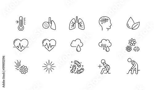 Thin Line Medical Icons Set for Diseases Symptoms Healthcare Outline Vector Pack