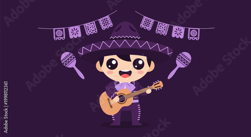 Mexican fiesta celebration with man in sombrero holding maraca and papel picado banners on purple background