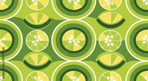 Retro geometric lime pattern with stylized citrus slices on green background