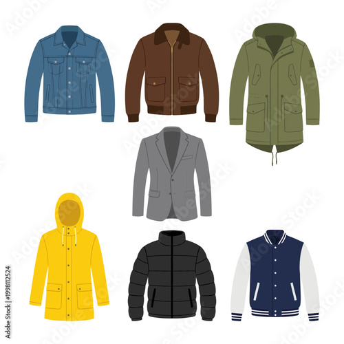 A diverse graphic collection of popular outerwear styles, featuring a variety of jackets and coats, representing seasonal fashion and versatile wardrobe choices