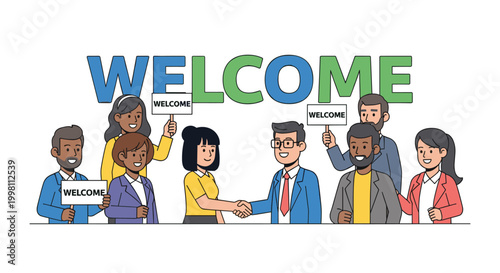 Diverse professionals hold welcome signs and shake hands in a bright, minimalist office space featuring large, colorful text against a clean white background.
