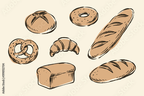 Bakery bread set hand drawn sketch vector illustration